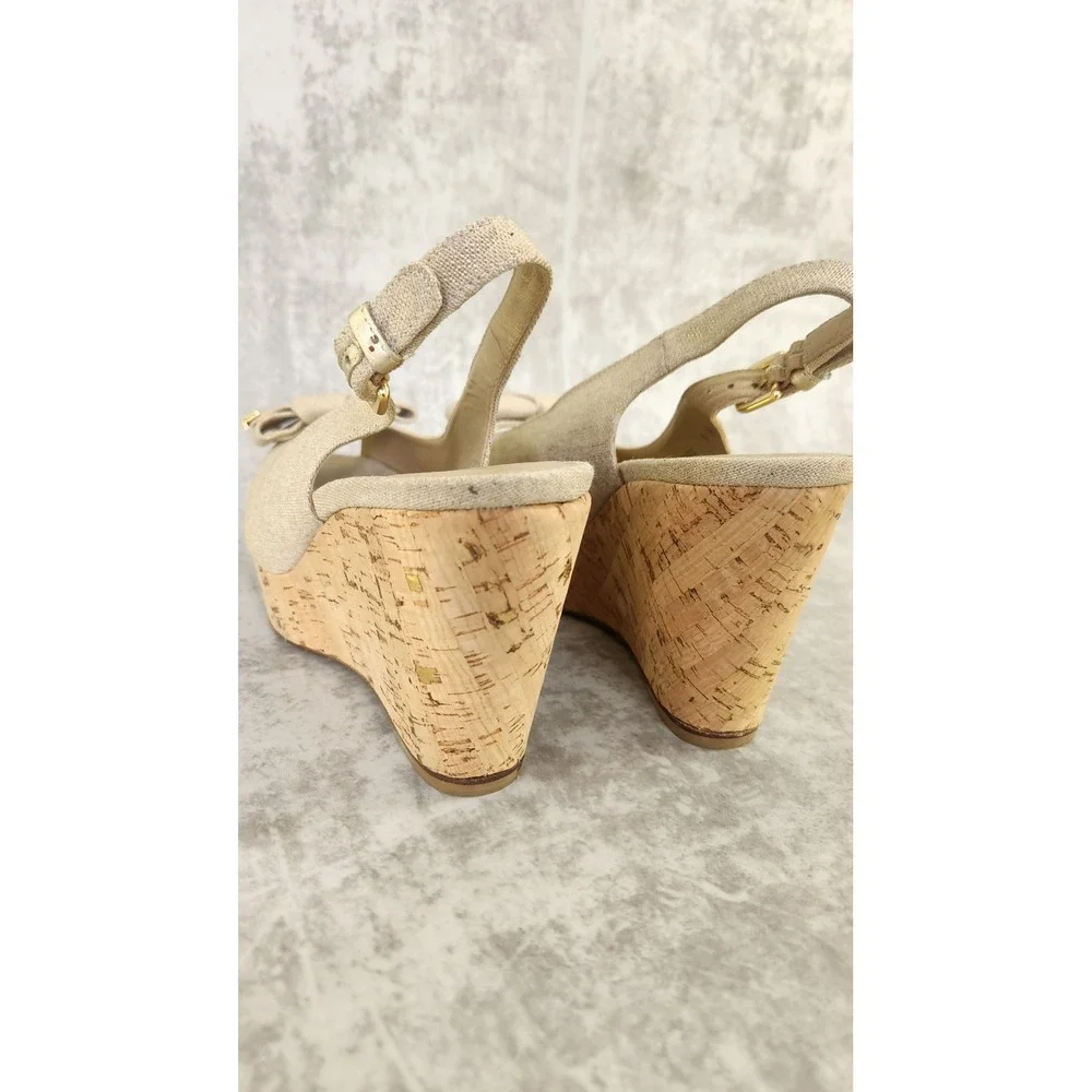 Stuart Weitzman Wedge Sandal Womens 9M Gold Linen Cork Peep Toe Bow Quiet Luxury - Picture 7 of 12